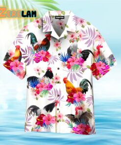 Chicken Hibiscus Rooster Pink And White Hawaiian Shirt