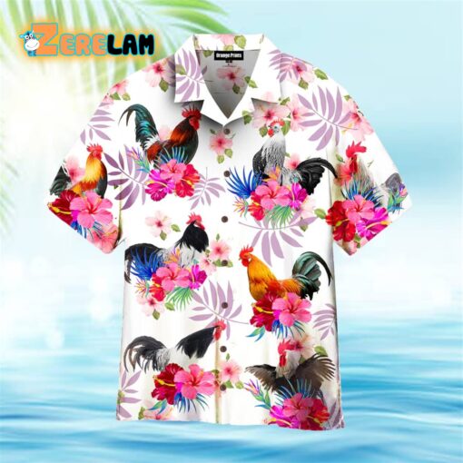 Chicken Hibiscus Rooster Pink And White Hawaiian Shirt