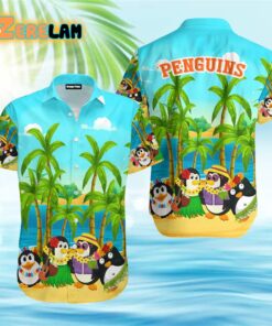 Coconut Trees Penguin On Beach Blue Hawaiian Shirt