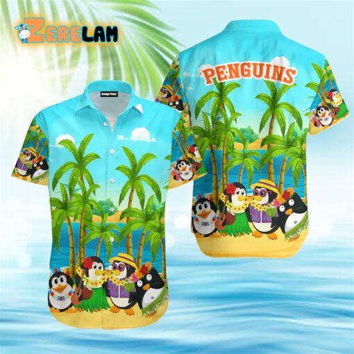 Coconut Trees Penguin On Beach Blue Hawaiian Shirt