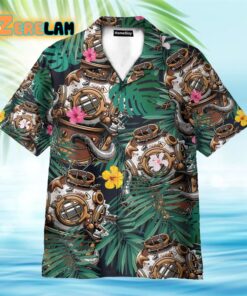 Diving Hard Hat In Tropical Green Leaves Hawaiian Shirt