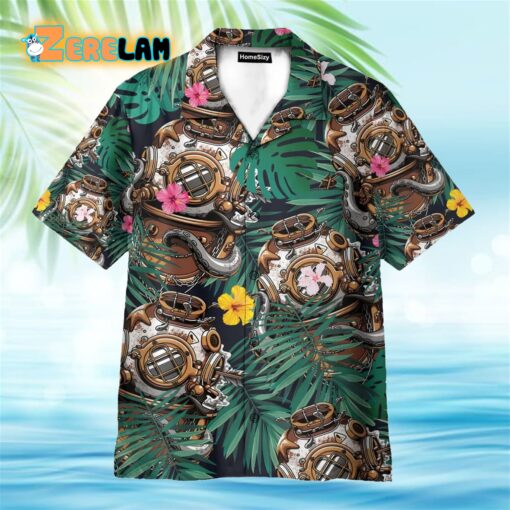 Diving Hard Hat In Tropical Green Leaves Hawaiian Shirt