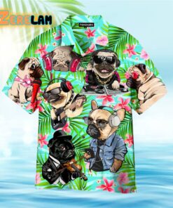 Dog Feeling Music With Pugs Tropical Floral Pattern Hawaiian Shirt
