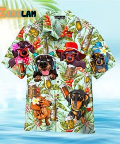 Dogs Dachshund Drinking Beer Coconut Palm Leaves Pattern Hawaiian Shirt