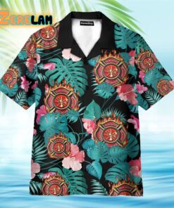 Firefighter In Tropical Green Leaves Hawaiian Shirt