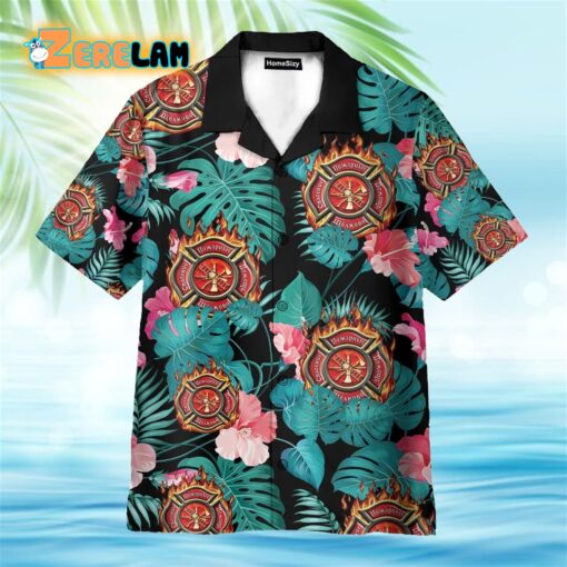 Firefighter In Tropical Green Leaves Hawaiian Shirt