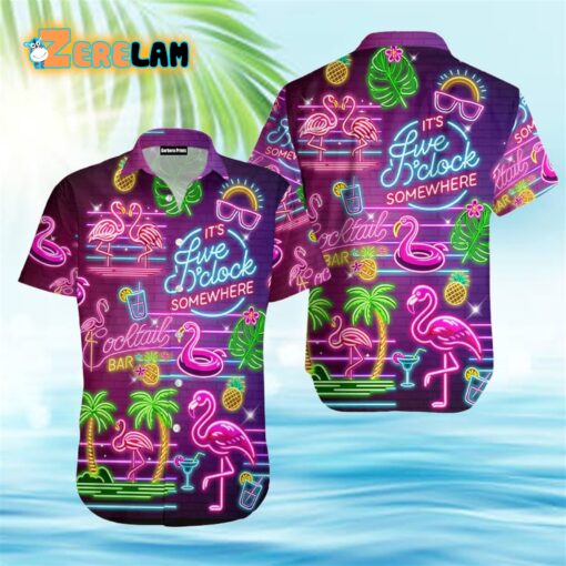 Flamingo Neon It is Five O’clock Somewhere Hawaiian Shirt