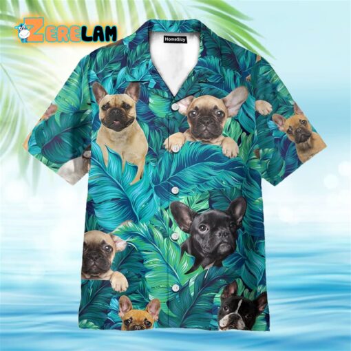 French Bulldog In Tropical Green Leaves Hawaiian Shirt