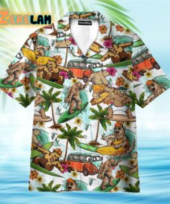 Funny Bear Surfing Hippie Bus And Palm Tree Pattern Hawaiian Shirt