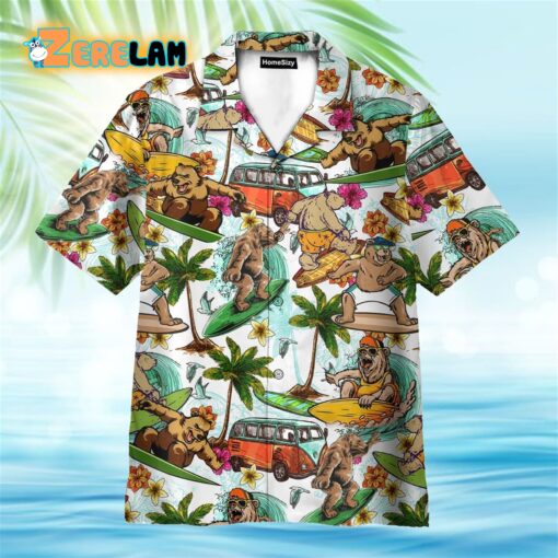 Funny Bear Surfing Hippie Bus And Palm Tree Pattern Hawaiian Shirt