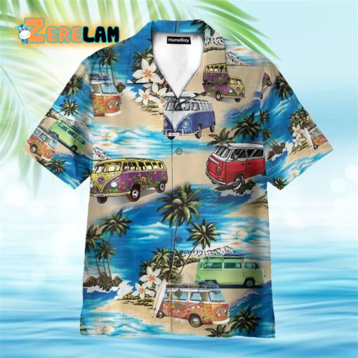 Hippie Colorful Bus On The Beach Hawaiian Shirt