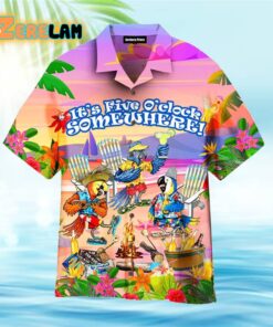 It is 5 O’Clock Somewhere Parrot Party With Beer On The Beach Colorful Hawaiian Shirt