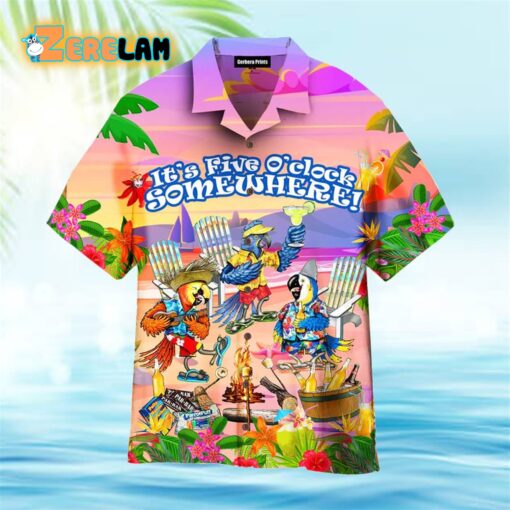 It is 5 O’Clock Somewhere Parrot Party With Beer On The Beach Colorful Hawaiian Shirt