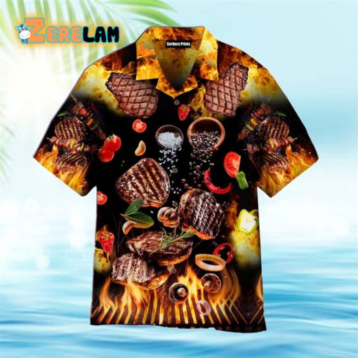 Meat Food BBQ On Fire Yellow And Black Hawaiian Shirt