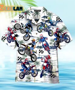 Motocross Racing Dirt Bike Coconut Palm Trees Pattern White Hawaiian Shirt