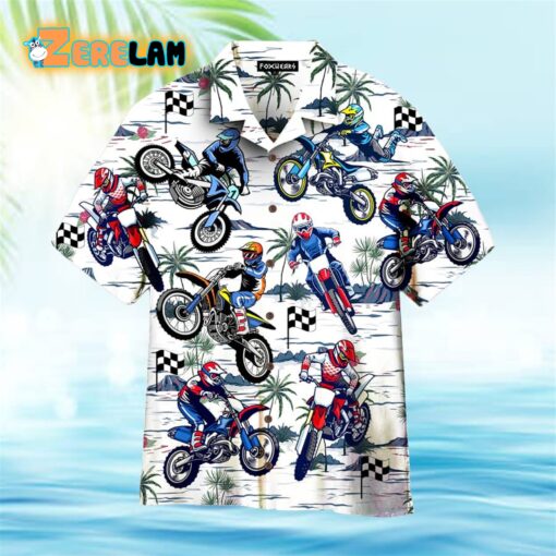 Motocross Racing Dirt Bike Coconut Palm Trees Pattern White Hawaiian Shirt