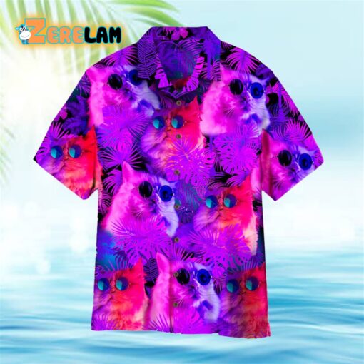 Neon Cat With Tropical Palm Leaves Pattern Hawaiian Shirt