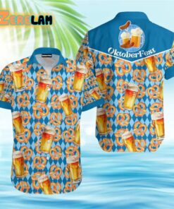 Oktoberfest Beer Pretzels Blue Checkered Hawaiian Shirt