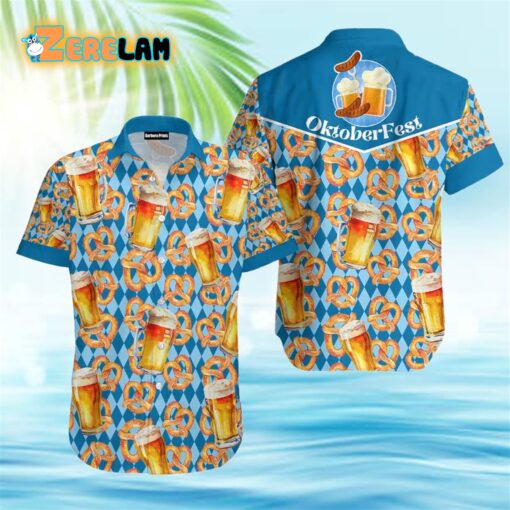 Oktoberfest Beer Pretzels Blue Checkered Hawaiian Shirt