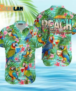 Parrot Drinking Cocktails The Beach Is My Happy Place Tropical Style Funny Hawaiian Shirt