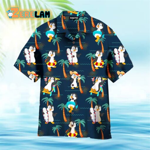 Penguin On Summer vacation Coconut Palm Trees Pattern Hawaiian Shirt