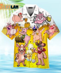 Pig America Drinking Beer Pink And White Hawaiian Shirt