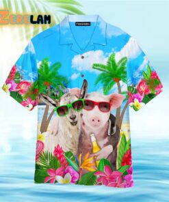 Pig And Goat In Sunglasses Hugging While Drinking Beer On The Beach Hawaiian Shirt