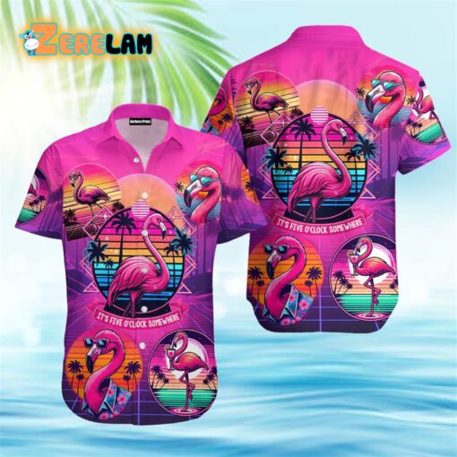 Pink Flamingo Its Five O’clock Somewhere Retro Neon Hawaiian Shirt