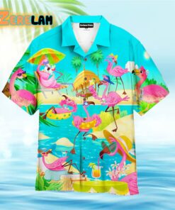 Pink Flamingo On The Beach Summer Blue Hawaiian Shirt