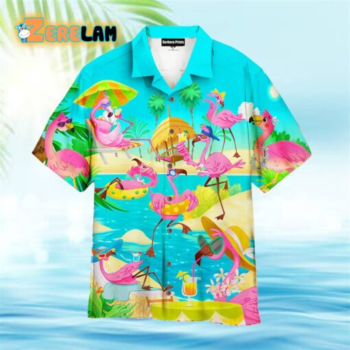 Pink Flamingo On The Beach Summer Blue Hawaiian Shirt