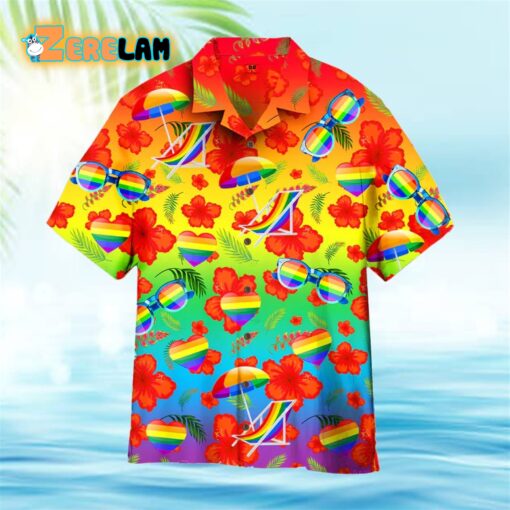 Pride Month Hibicus With LGBT Flag Tropical Rainbow Pattern Hawaiian Shirt