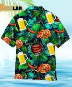 Sausages And Beer Big Set Of Barbeque Party Food Palm Leaves Pattern Hawaiian Shirt