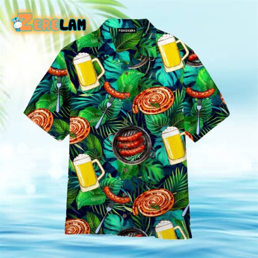 Sausages And Beer Big Set Of Barbeque Party Food Palm Leaves Pattern Hawaiian Shirt