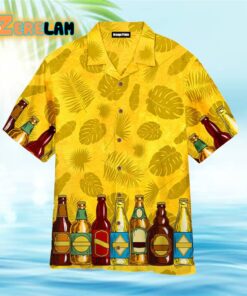 Set Beer Tropical Leaves Pattern Yellow Hawaiian Shirt