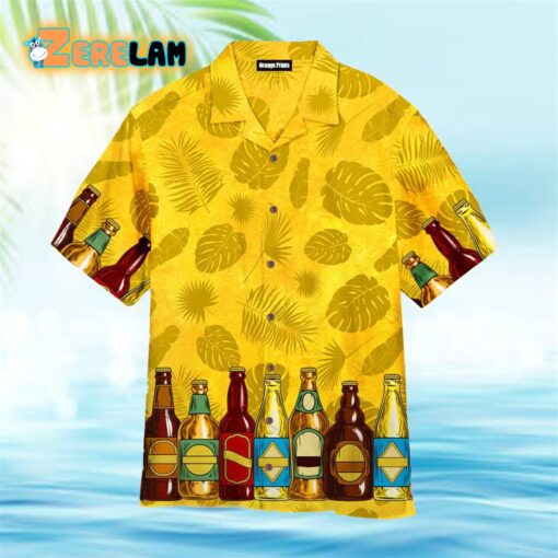 Set Beer Tropical Leaves Pattern Yellow Hawaiian Shirt