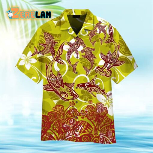 Shark Polynesian Green And Red Hawaiian Shirt