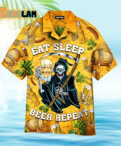 Skeleton Eat Sleep Beer Repeat Barley Yellow Hawaiian Shirt