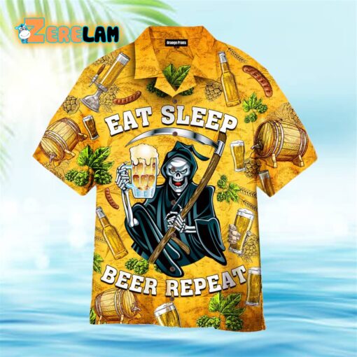 Skeleton Eat Sleep Beer Repeat Barley Yellow Hawaiian Shirt