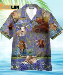 Texas Longhorn In Bluebonnet Tropical Hawaiian Shirt