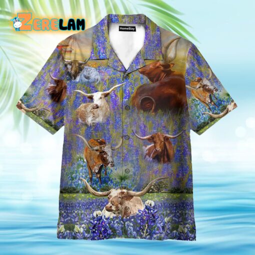 Texas Longhorn In Bluebonnet Tropical Hawaiian Shirt