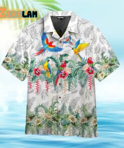 Vintage Botanical Lotus And Macaw Parrot White Hawaiian Shirt