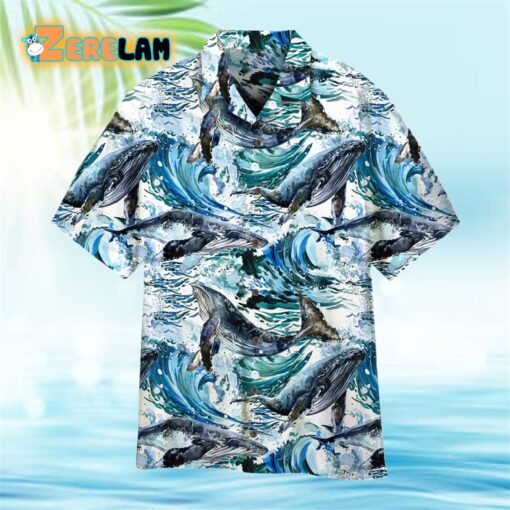 Whales Sea Wave Blue Ocean Pattern Hawaiian Shirt