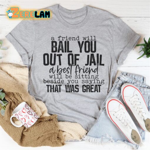 a friend will ball you out of jail a best friend will be sitting beside you saying that was great shirt