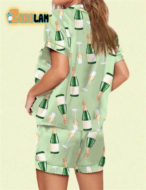 Champagne Bottle Printed Satin Pajama Set